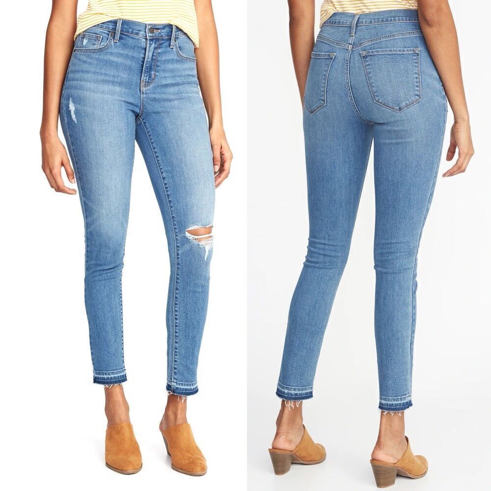 Old Navy Womens Jeans Size 14 Curvy Skinny Blue Distressed Ankle Stretch Denim